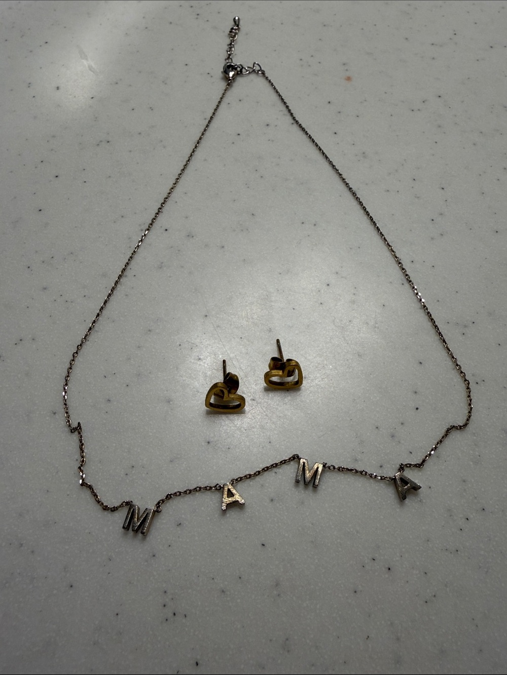 Mama Letter Necklace and Heart Stud Earrings - Gold